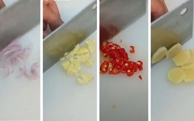 Hành tím, tỏi, ớt và gừng băm nhuyễn chuẩn bị cho nước lẩu lòng bò