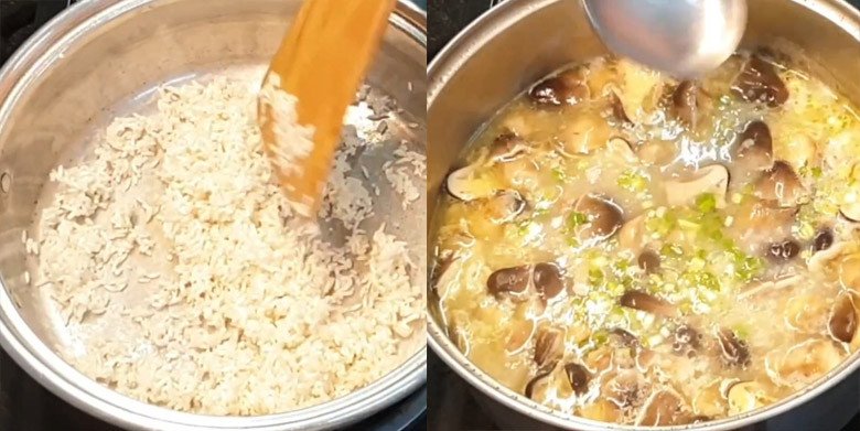 Hạt gạo được rang sơ trước khi nấu cháo gà để cháo thơm hơn