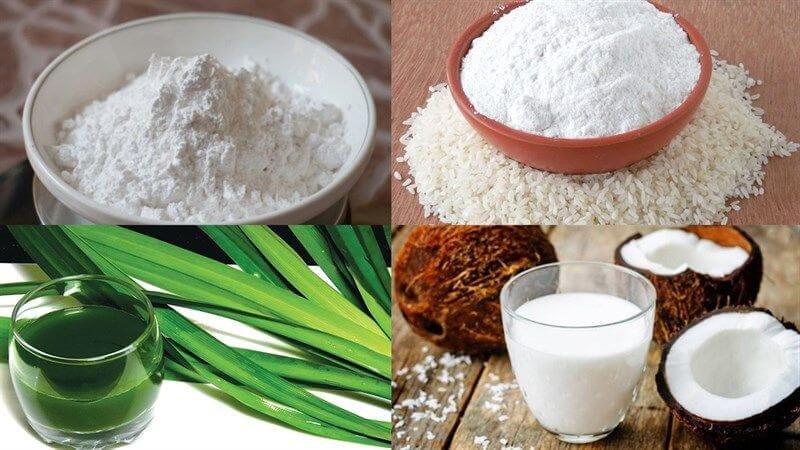 Hình ảnh các nguyên liệu làm bánh da lợn như bột, lá dứa, nước cốt dừa, thể hiện sự kiểm soát nguyên liệu khi tự làm