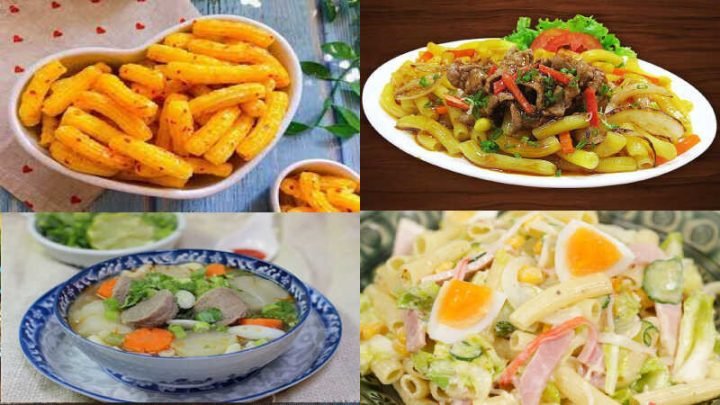 Hình ảnh đa dạng các món ăn ngon từ nui như nui xào, nui nước, minh họa cho lượng calo trong nui