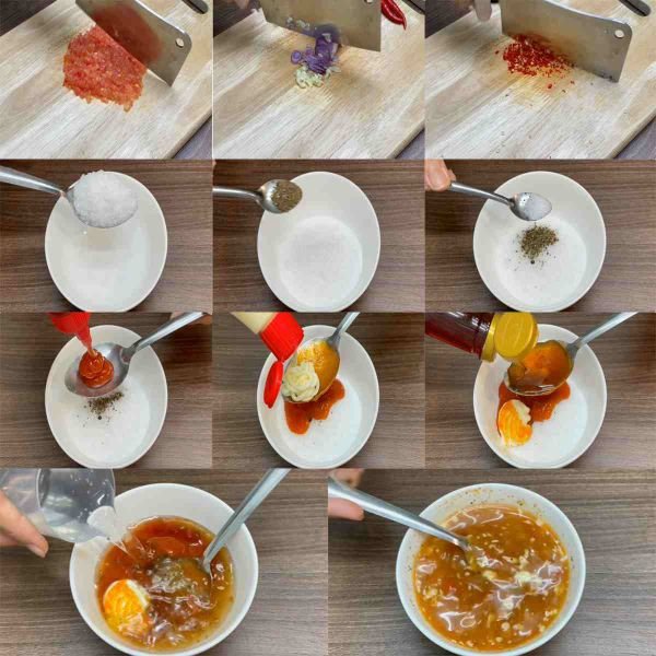 Hình ảnh minh họa các nguyên liệu thô như hành, tỏi đã được sơ chế, cùng chén hỗn hợp gia vị đang được pha chế để làm nước sốt bánh mì pate.