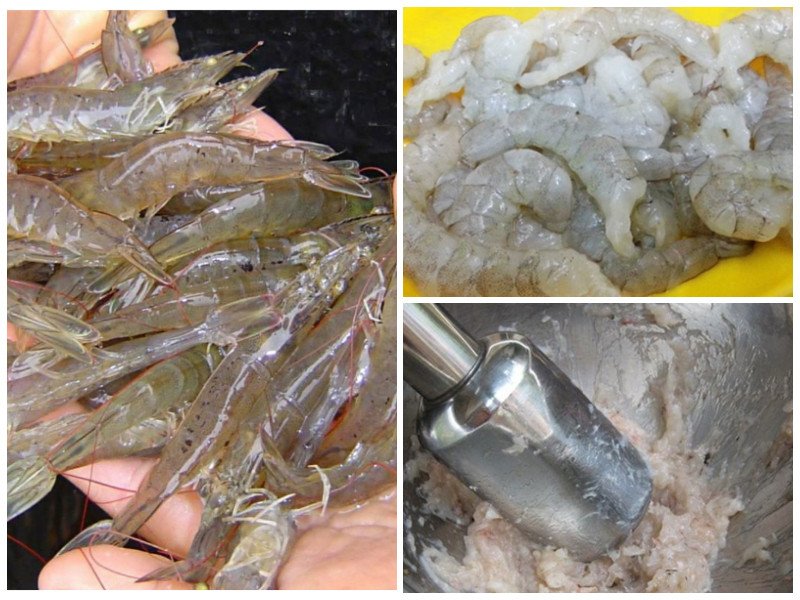 Hình ảnh tôm tươi được làm sạch và giã nhuyễn để làm bánh phồng tôm