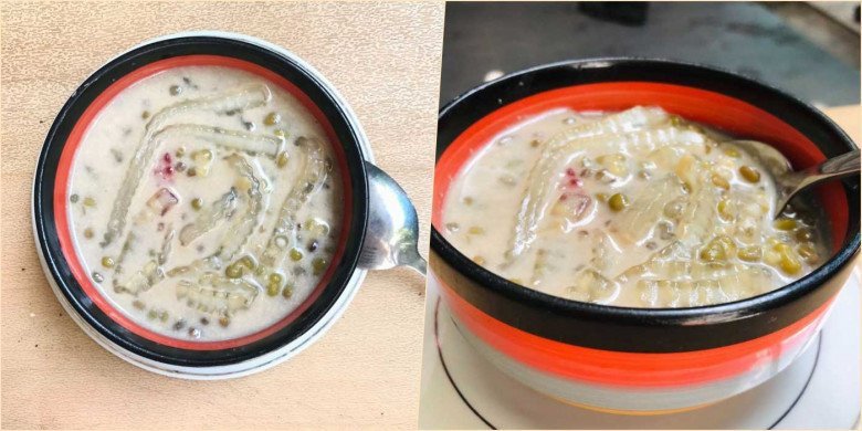 Hoàn thành món chè đậu xanh bột báng hoàn chỉnh với nước cốt dừa, sẵn sàng thưởng thức mát lạnh