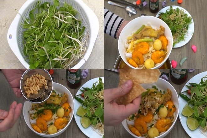 Hoàn thành món mì Quảng Phú Chiêm với đầy đủ rau sống và đậu phộng rang