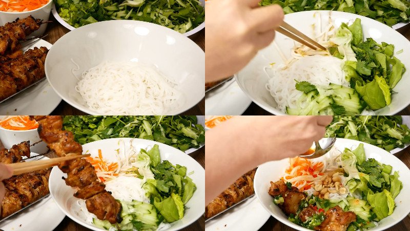 Hoàn thành tô bún trộn thịt nướng với đầy đủ topping