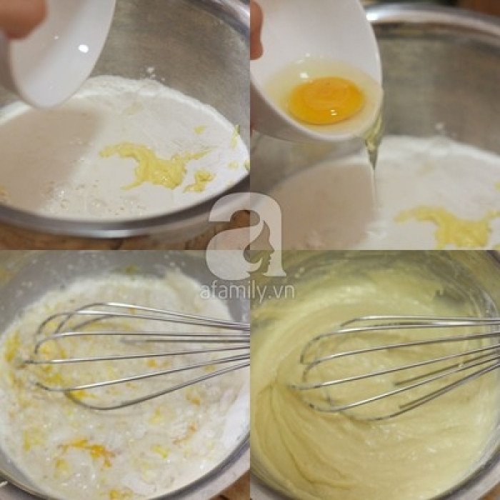 Hỗn hợp bột bánh pancake đang được khuấy đều cho đến khi mịn mượt, sẵn sàng chiên