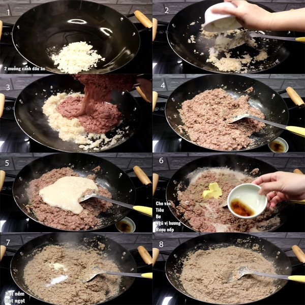 Hỗn hợp pate đang được xào đều trên chảo, tỏa hương thơm nức mũi