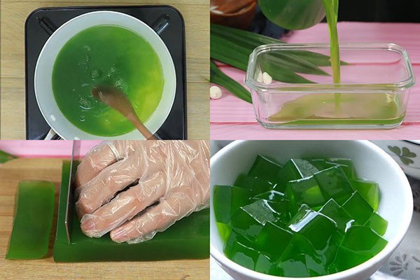 Hỗn hợp rau câu lá nếp đang đun