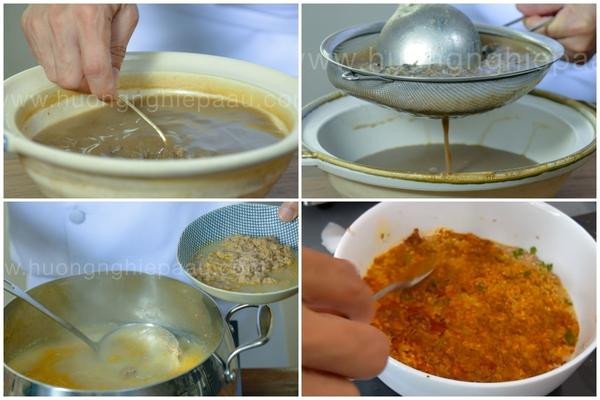 Hỗn hợp riêu cua được chế biến để tạo thành mảng khi nấu