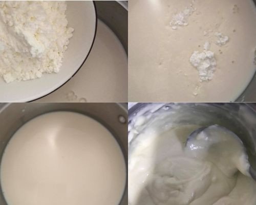 Hỗn hợp sữa và bột đang được nấu sánh mịn cho món sữa tươi chiên