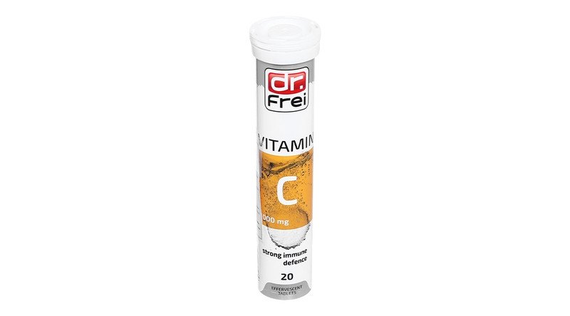 Hộp viên sủi Vitamin C Dr. Frei, một sản phẩm bổ sung vitamin C phổ biến