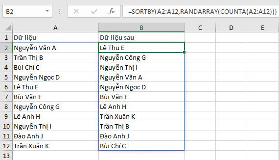Kết quả dữ liệu sau khi xáo trộn dòng trong Excel bằng công thức