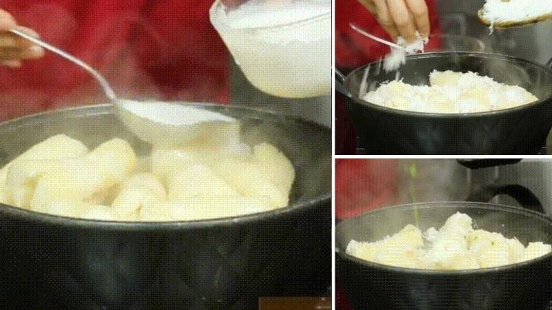khoai mì đang hầm nước cốt dừa trên bếp