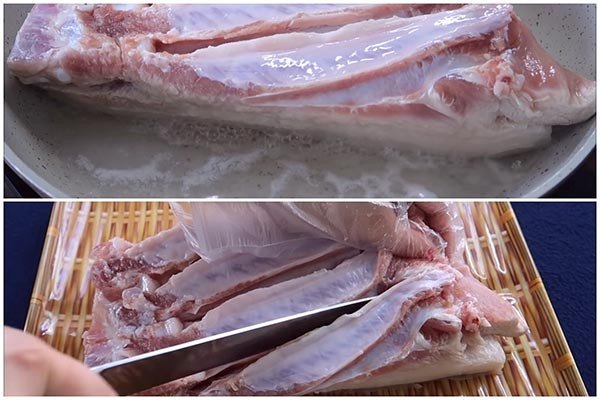 Khứa thịt và luộc da heo quay trước khi tẩm ướp