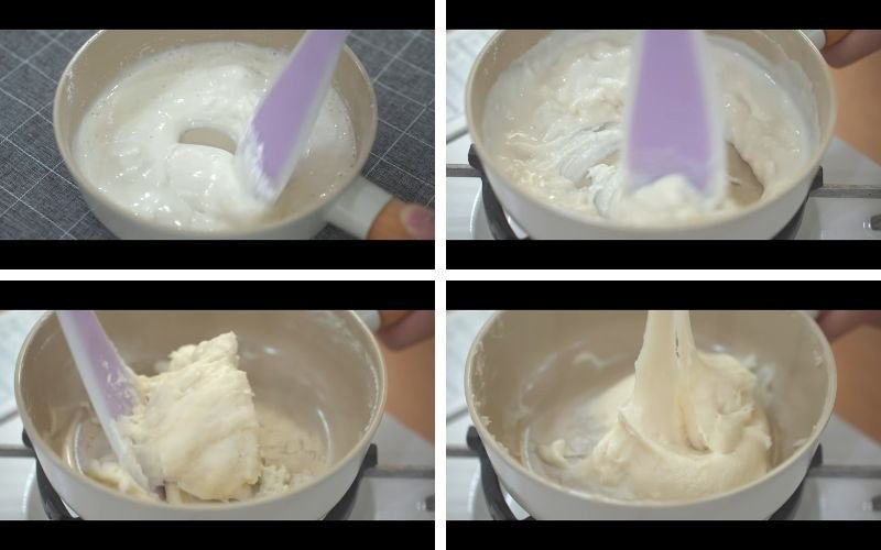 Khuấy hỗn hợp bột mochi không nhân trên bếp