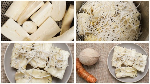 Khuôn bánh sắn đã rắc dừa nạo sẵn sàng cho vào xửng hấp
