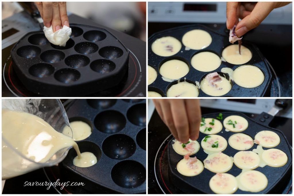 Khuôn làm bánh bạch tuộc đang chiên với bột và nhân