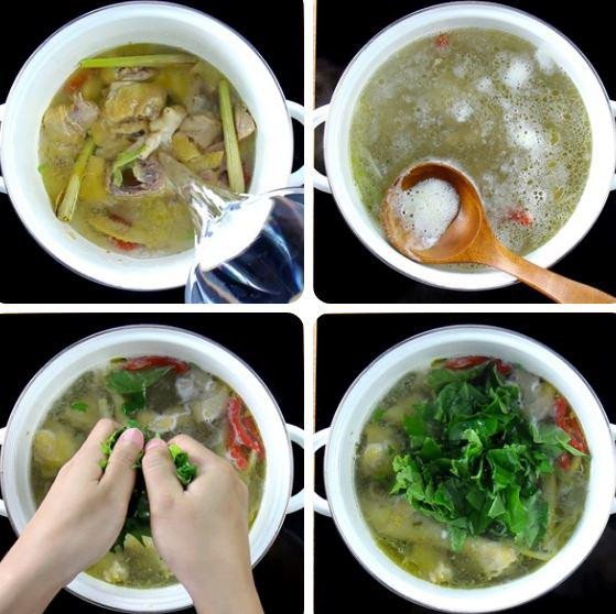 Lá giang tươi xanh được thêm vào nồi lẩu gà đang sôi sùng sục