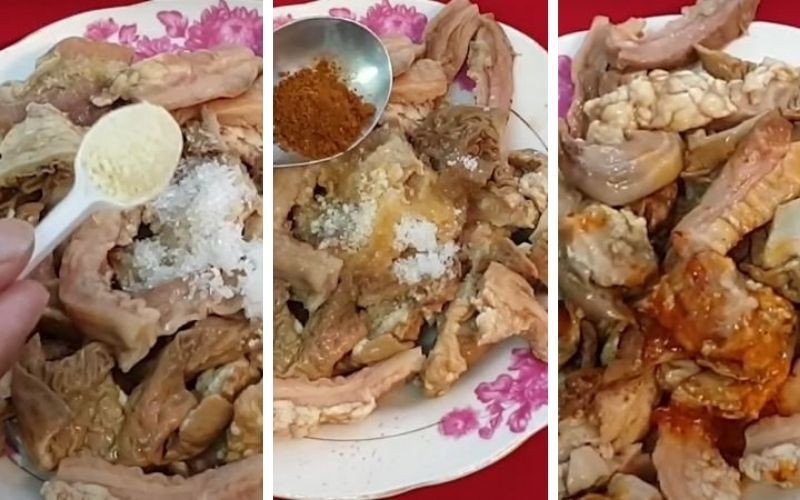 Lòng bò đã sơ chế được ướp gia vị đậm đà chuẩn bị nấu lẩu