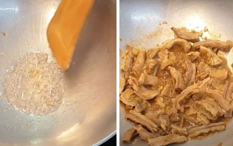 Lòng bò được xào sơ cùng gia vị để dậy mùi thơm
