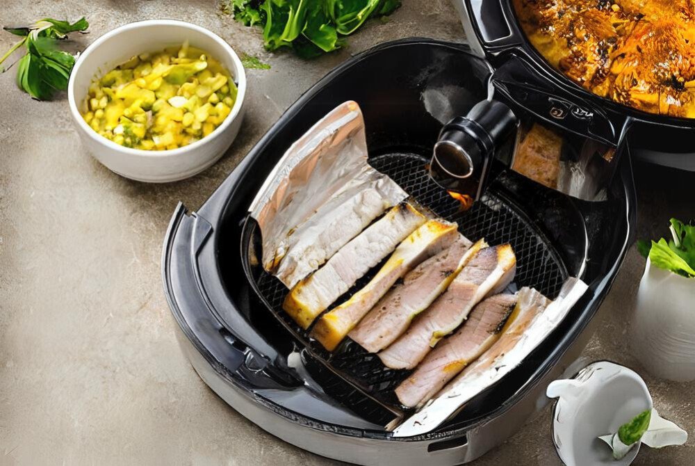 Lót giấy bạc nướng thịt ba chỉ bằng nồi chiên không dầu