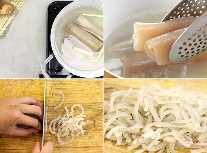 Luộc da heo để làm nem thịt rán giòn