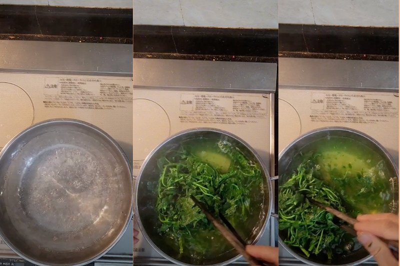 Luộc sơ rau mì chính trước khi xào