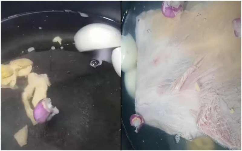 Luộc thịt heo cùng các loại gia vị để loại bỏ mùi hôi
