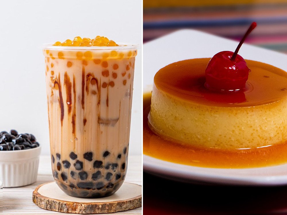 Ly trà sữa kết hợp bánh flan béo ngậy