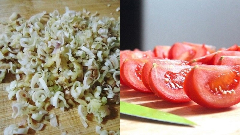 Măng chua và rau ăn kèm được sơ chế sạch sẽ để nấu lẩu cá bóp