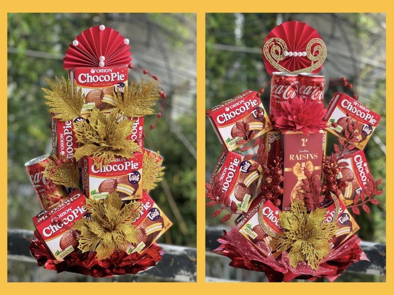 Mẫu tháp bánh Chocopie tài lộc tự làm với trang trí hoa mai