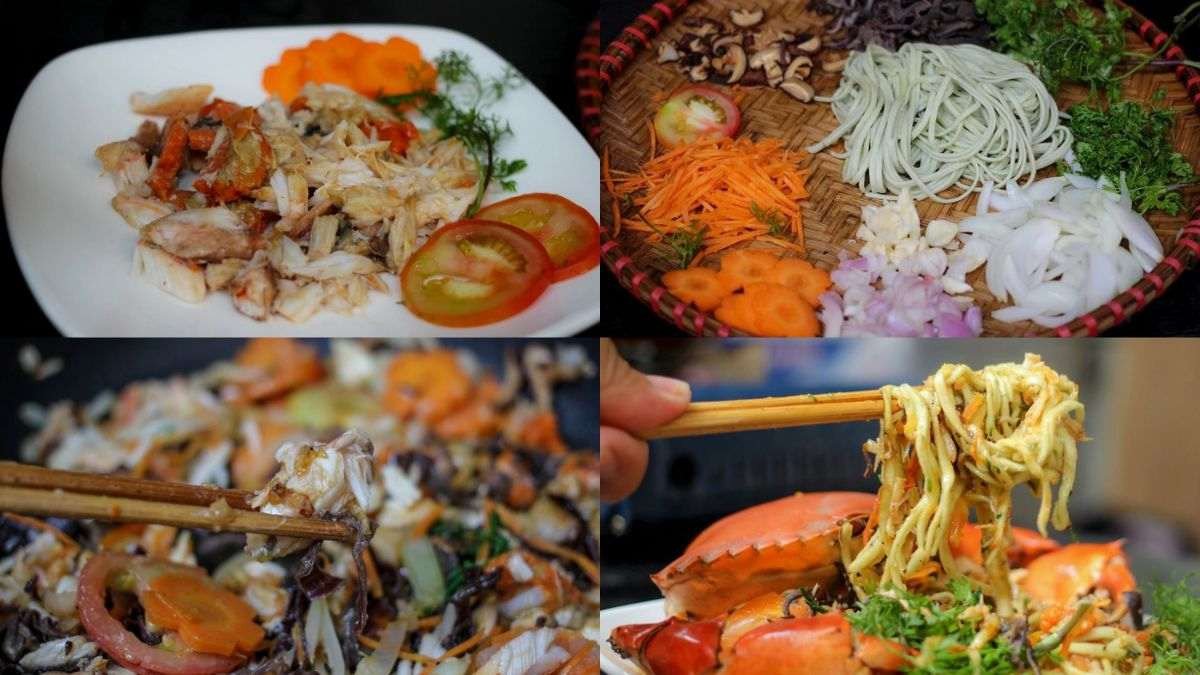 Mì tươi rau củ xào cùng thịt cua và nấm trên chảo