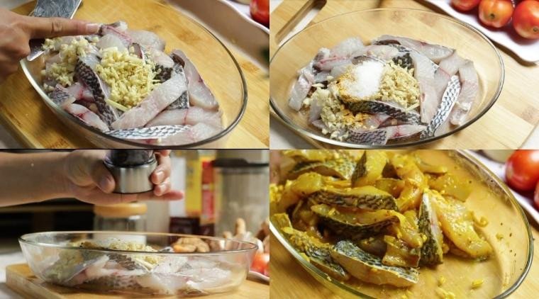 Miếng cá rô phi đã tẩm ướp gia vị vàng óng, chuẩn bị chiên giòn làm bún cá