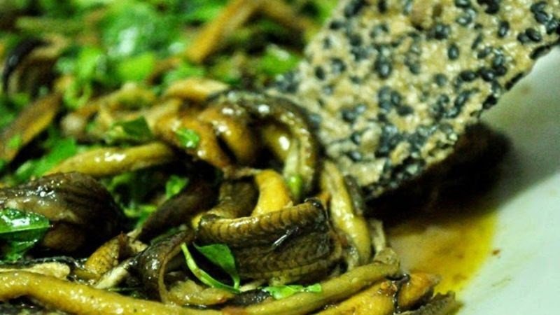 Một đĩa lươn xào thơm ngon với rau thơm và đậu phộng, ăn kèm bánh đa vừng