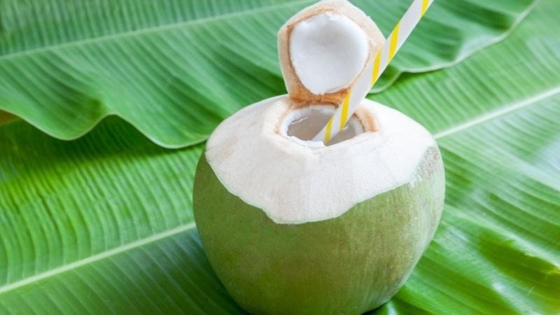 Một ly nước dừa đầy đá và dừa tươi cắt lát