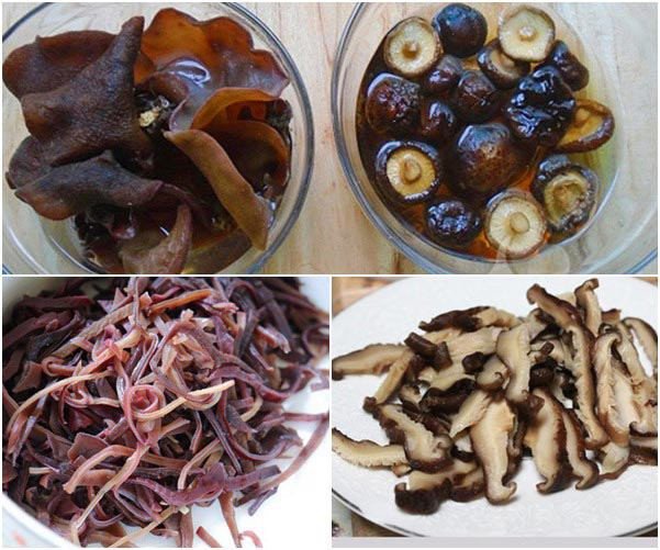 Nấm hương và mộc nhĩ đã sơ chế sẵn sàng cho món miến xào cua