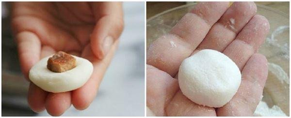 Nặn viên bánh trôi nước với nhân đường phên bên trong
