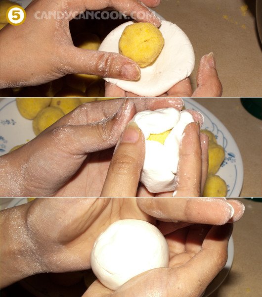 Nặn vỏ bột nếp bao quanh nhân đậu xanh, tạo hình viên bánh chè trôi nước đẹp mắt