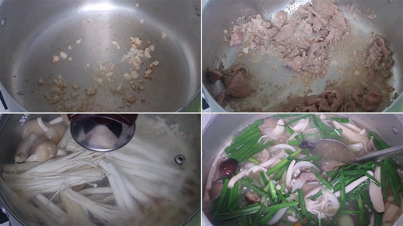 Nấu canh nấm thập cẩm trong nồi trên bếp ga
