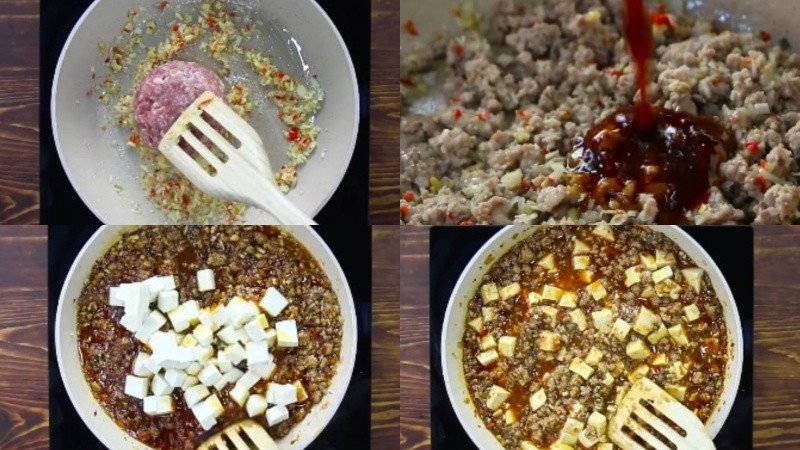 Nấu đậu hũ non sốt thịt bằm trong chảo