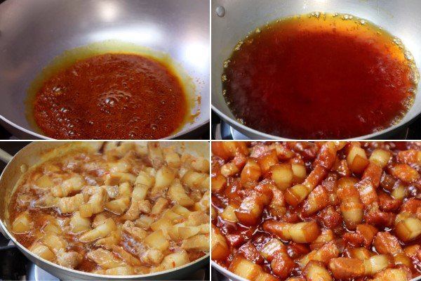 Nấu nước màu dừa, sau đó cho thịt vào kho