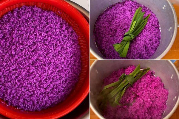 Nấu xôi cẩm tím cùng lá dứa để tạo hương thơm quyến rũ
