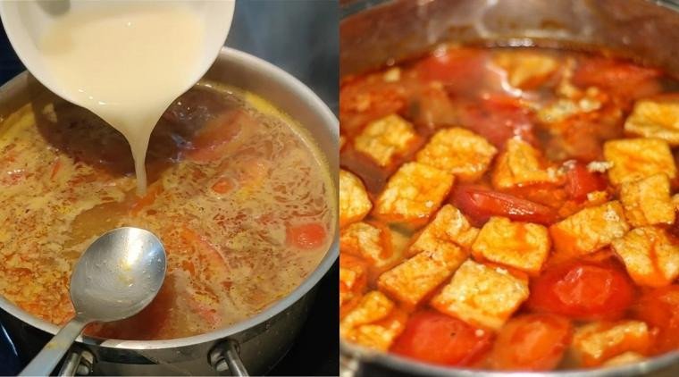 Nêm nếm gia vị cho nước dùng bún riêu, thêm cà chua và đậu phụ
