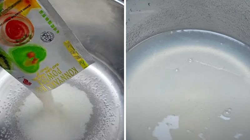 Ngâm bột rau câu dẻo để làm thạch lá dứa cho sữa bắp