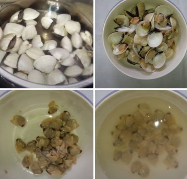 Ngao tươi đã luộc và tách vỏ chuẩn bị nấu canh mồng tơi