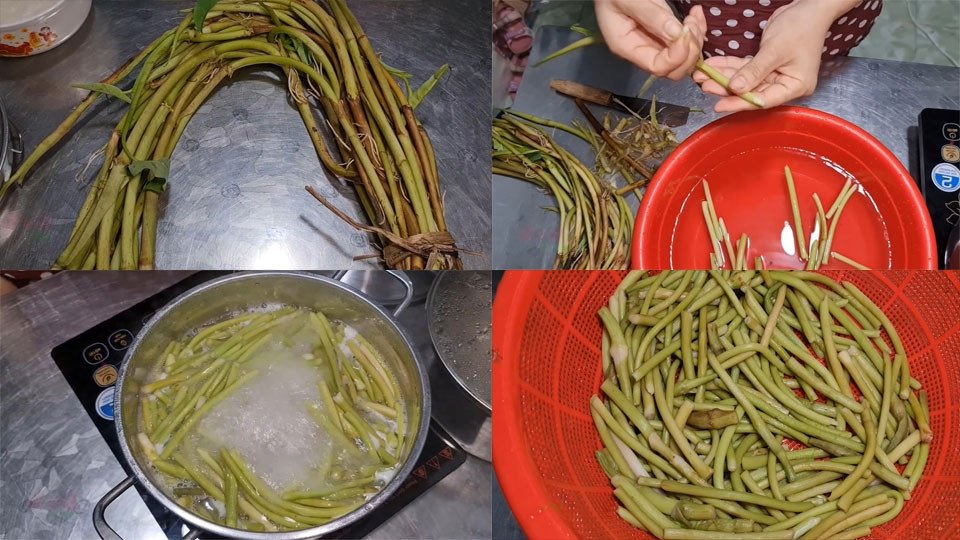 Ngó khoai được ngâm trong nước muối để loại bỏ ngứa