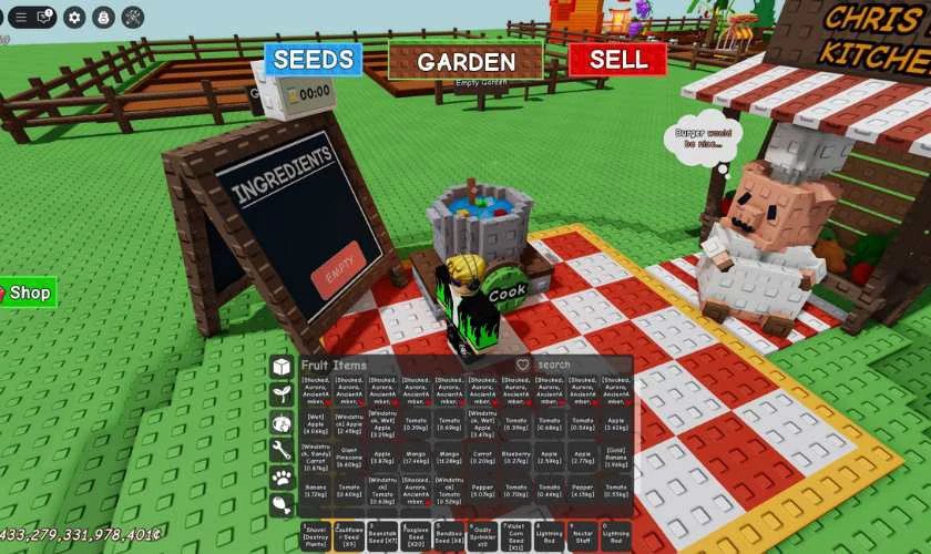 Người chơi cầm các loại quả để chuẩn bị nấu ăn trong Grow a Garden