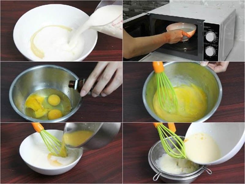 Người đầu bếp đang trộn sữa tươi và sữa đặc trong một bát lớn, chuẩn bị cho phần nhân bánh trứng sữa.