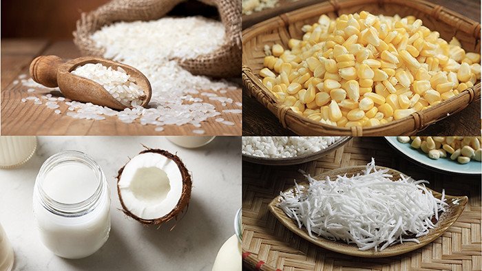 Nguyên liệu chính cho món xôi bắp Mỹ gồm gạo nếp, bắp Mỹ và nước cốt dừa
