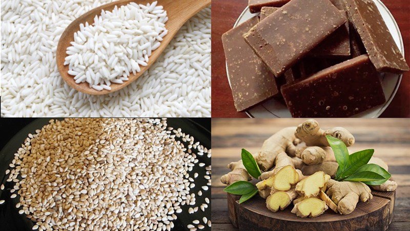 Nguyên liệu chính chuẩn bị cho món xôi chè gừng, bao gồm gạo nếp và gừng tươi